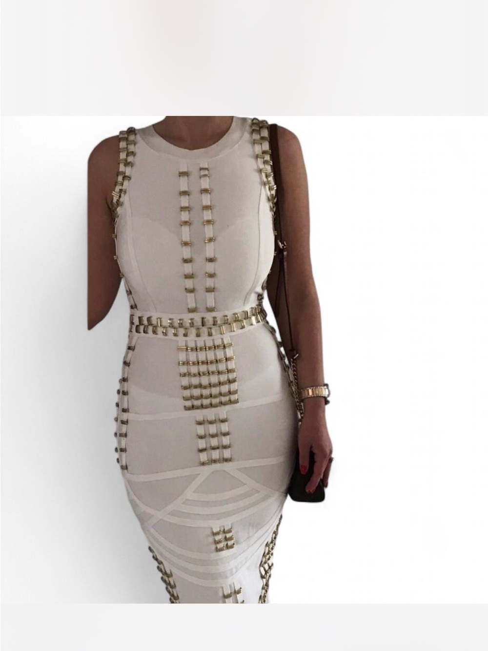 White & Gold Studded Bodycon Midi Bandage Dress - Picture 7 of 8